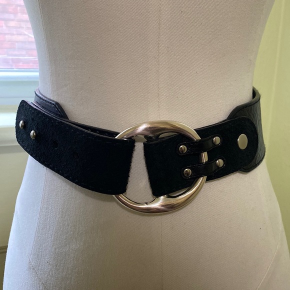 Fossil Black Leather & Suede Waist Belt with Silver Tone Hardware XS - Picture 1 of 16